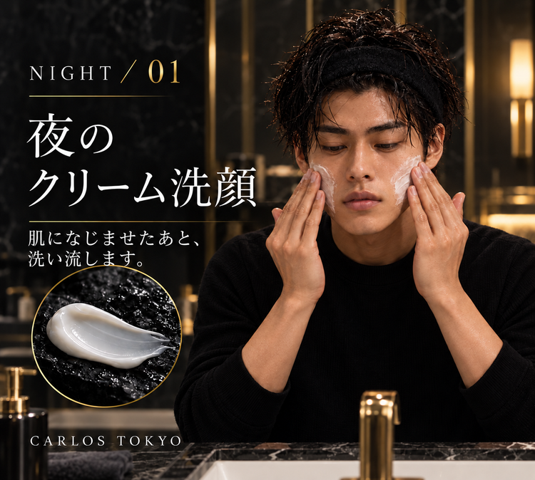 ヘアバンドを着け、夜用クリーム洗顔を肌になじませる男性